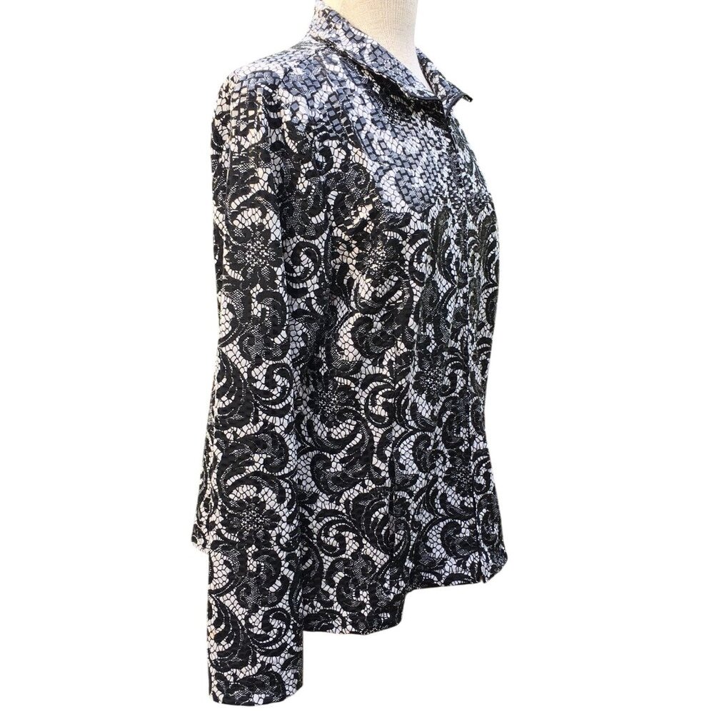 Laura Ashley Jacket Women Sz L Full Zip Black White Paisley Shiny Boxy Collar - Picture 3 of 12